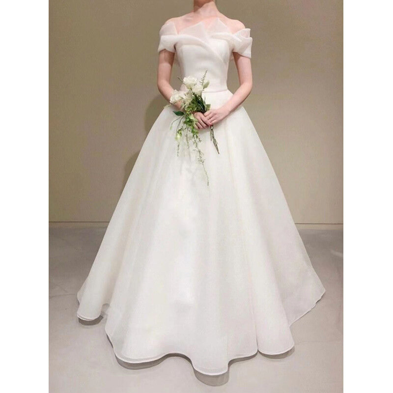 Einfach von der Schulter koreanisches Hochzeits kleid neues langes Kleid ärmellose Schnürung Brautkleider für Frau nach Maß plus Größe