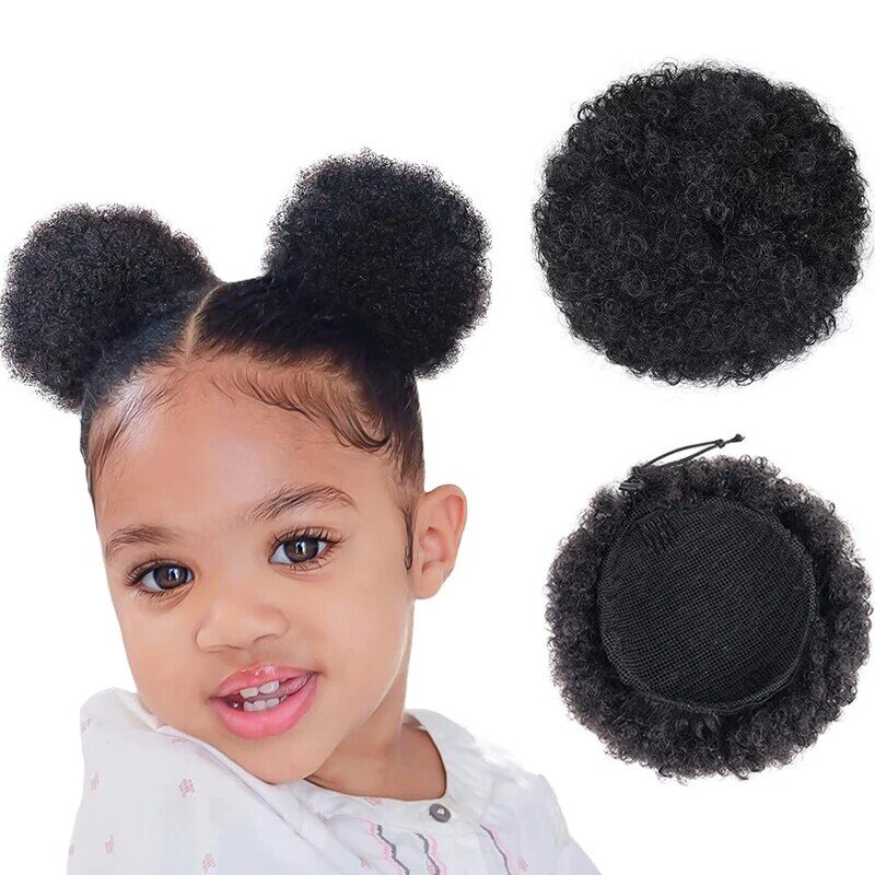 Kids Hair Puff Natural Black Mini Afro Puff Trekkoord Paardenstaart Voor Meisjes Zwarte Vrouwen 2Pc 4 Inch Kinky Krullend Haar Updo Chignon