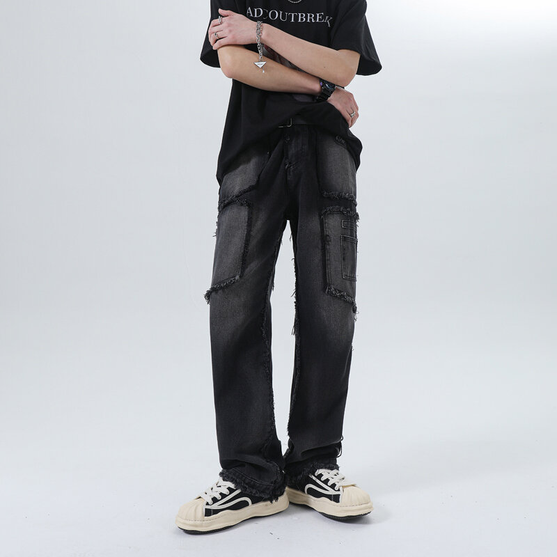 FEWQ-Calça jeans de borda vintage masculina, perna reta, casual solta, perna larga, calça masculina, moda primavera, americano, 24X9001