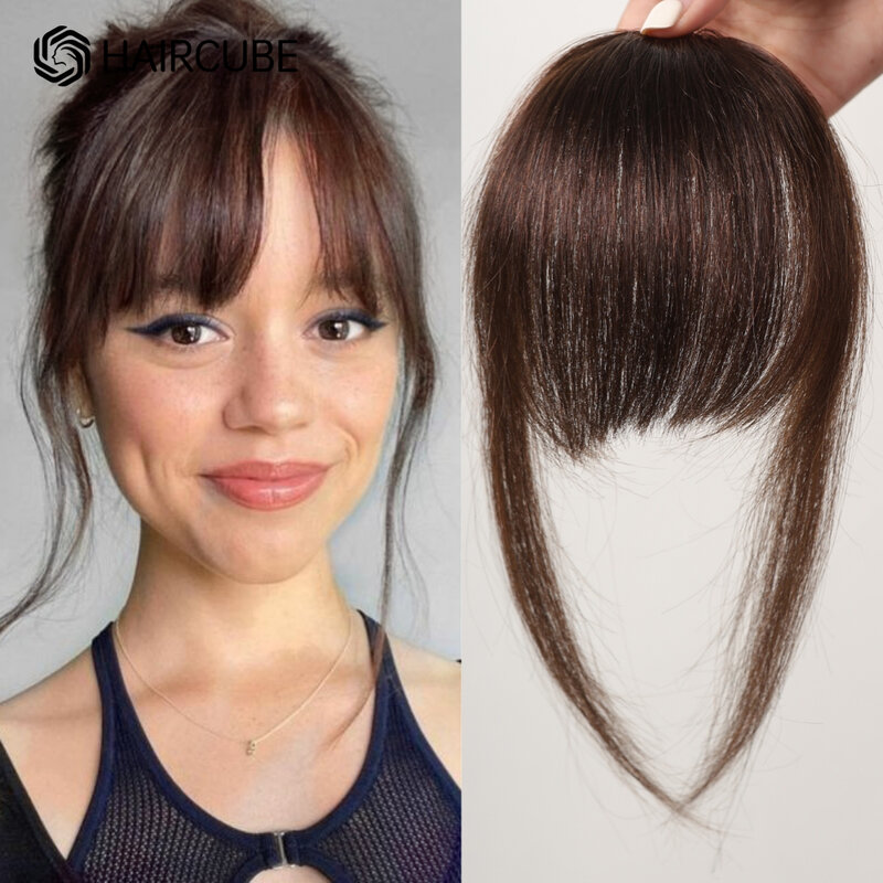 100% Human Hair Bangs Natural Brown Wispy Bang Hair Clip in Bangs Fringe with Temples Hairpiece for Women Clip on Air Bang 4.5in