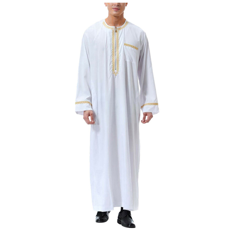 Manto muçulmano para homens, vestido médio, vestido árabe, manga longa, bolso bordado, camisa longa, casaco de robe, camisas médias