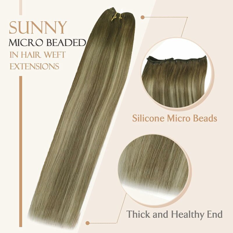 VeSunny Beaded Weft Hair Extensions Fashion Human Real Hair Beaded Weft Extensions  14-24 Inch Micro Loops Weft Hair  50G