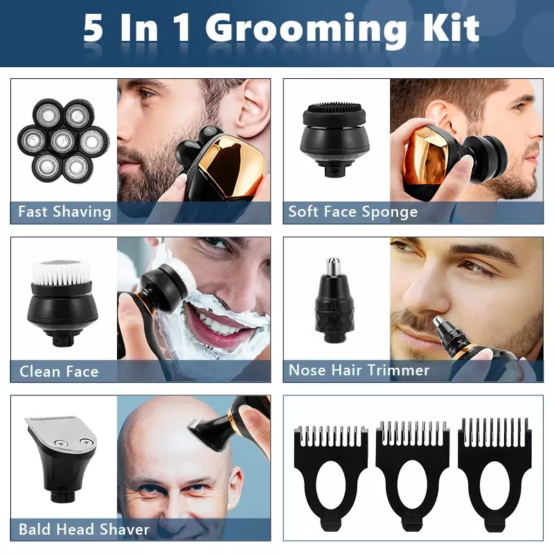Barbeador elétrico com cabeça flutuante para homens, aparador multifunções, carga USB, impermeável, 7 cortador independente, novo, 7D
