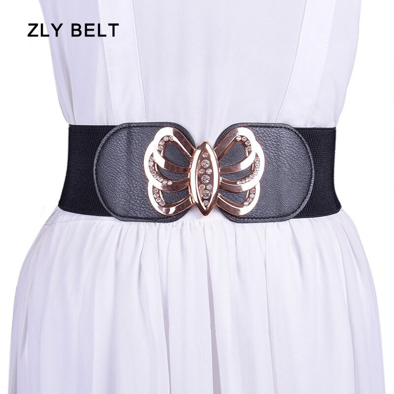 Cintura elástica ajustável para mulheres, material de couro PU, decoração de metal dourado, fivela para jeans, estilo vestido, nova moda, 2024