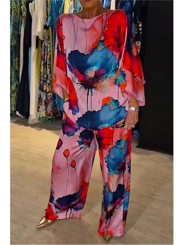 Summer Fashion Printed Satin Two Piece Sets Women Sexy Round Neck 3/4 Sleeved Top + Wide Leg Long Pants Casual Two Piece Set.