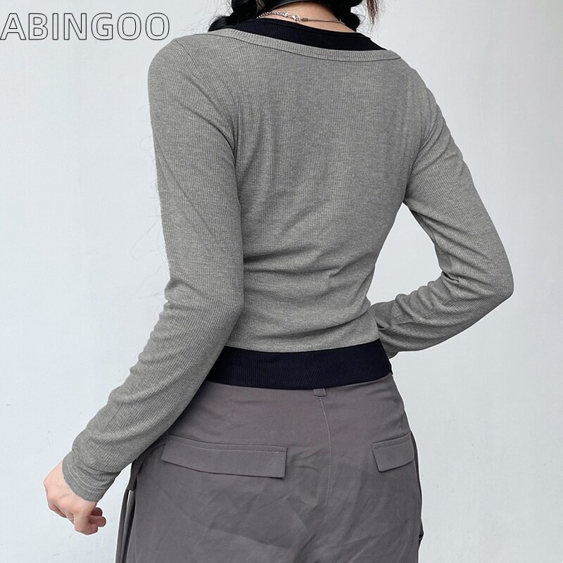 ABINGOO-Top de malha de manga comprida feminina, camiseta monocromática, pescoço O, fivela, ajuste fino, casual, pulôver de contraste, falso 2 peça