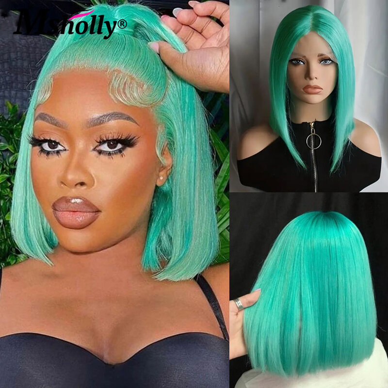 Wig rambut manusia Bob pendek hijau Mint untuk wanita Wig tanpa lem berwarna lurus 13x6 HD Wig Frontal Remy Brasil rambut manusia