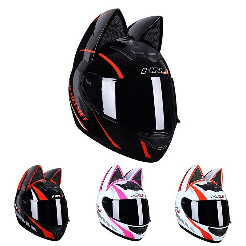 Women Cat Ear Motorcycle Helmet Full Face Racing Helmet Cascos Para Moto Motocross Safety Cap HD Lens DOT Approved Four Seasons