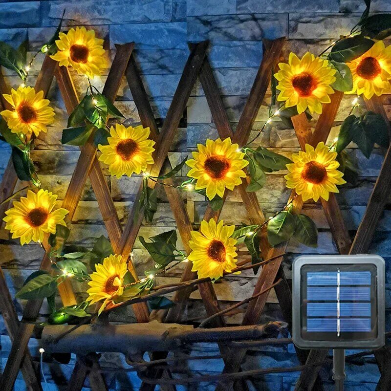 Guirnalda de luces solares artificiales para decoración de jardín, guirnalda de luces de 10M, 100LED, con forma de Rosa girasol, hoja verde, vid, fiesta