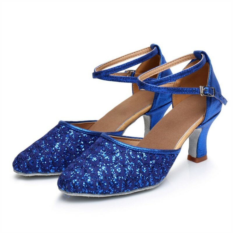 Женские туфли для латиноамериканских танцев/сальсы/Танго, синие/золотые туфли с закрытым носком, блестящие туфли для бальных танцев на высоком каблуке 5/7 см, обувь для вечеринок