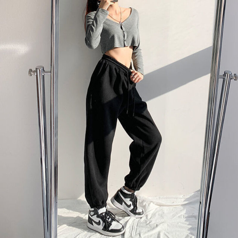 Deeptown-Pantalones deportivos holgados para mujer, pantalón de chándal de pierna ancha, estilo básico Harajuku, color gris