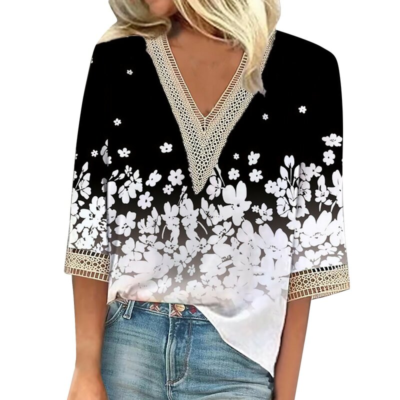 Top Y2k Daily Fashion Plant Printed Women Pullovers Vintage V-Neck Summer 3/4 Sleeves Women Shirts With Prints Roupas Femininas