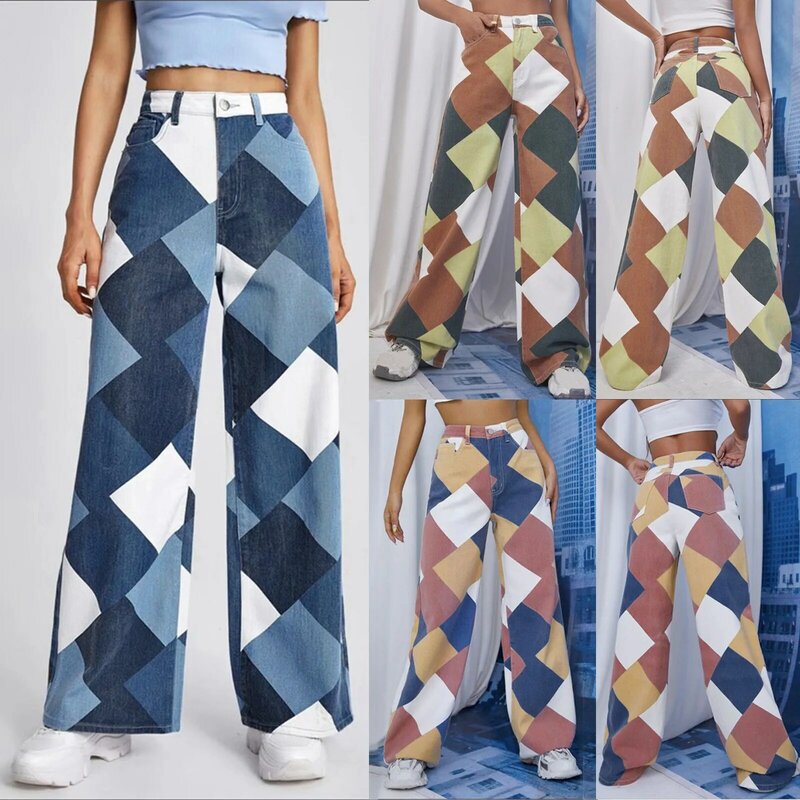 2024 Women'S Multi Color Stitching Printed Pants Straight Tube Printed Long Trousers Checkered Loose And Slim Wide Leg Pants