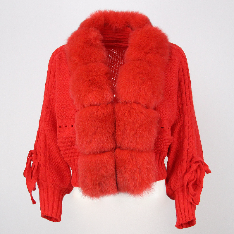 Женская короткая вязаная куртка, однотонная теплая Свободная куртка с воротником из натурального Лисьего меха, зимний сезон 2023
