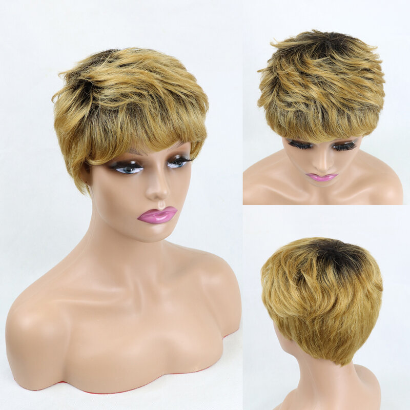 Pelucas de cabello humano brasileño con flequillo para mujeres negras, pelo Remy recto, hecho a máquina, barato, sin pegamento, corte Pixie corto