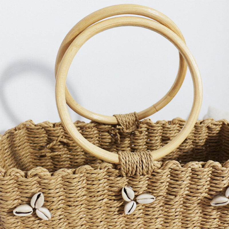 Bolso de mano con asa de madera para mujer, bolsa de hombro con decoración de concha, de paja, de gran capacidad, para playa