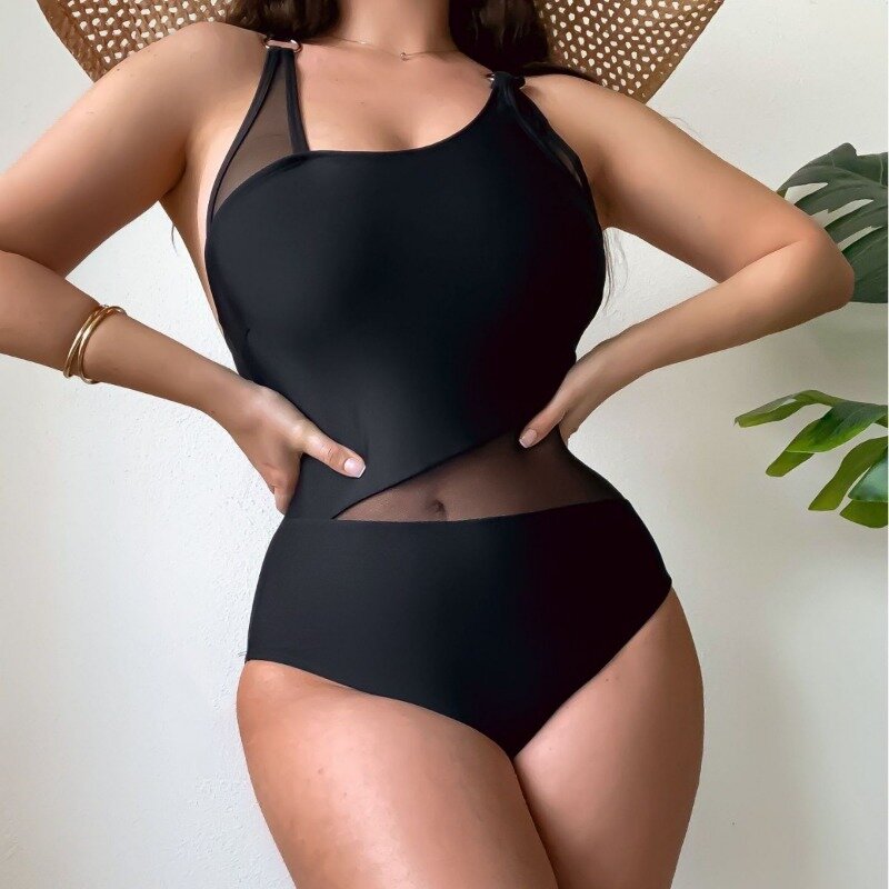 2024 seksowna czarna siateczka patchworkowe stroje kąpielowe damskie z wydrążonymi siatkami patchworkowe jednoczęściowy strój kąpielowy Monokini bez pleców kostium kąpielowy
