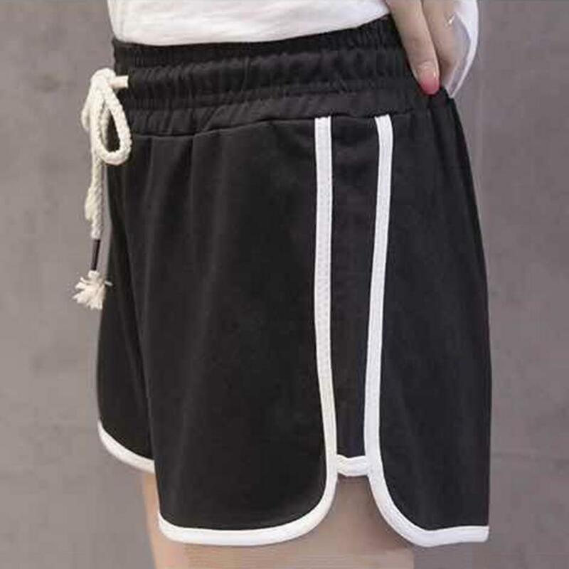 Shorts de design elástico feminino, cordão de cintura alta com bolsos, bloco colorido, calção de perna larga