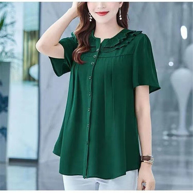 Женская Асимметричная блузка с оборками, элегантная однотонная Свободная рубашка на пуговицах с круглым вырезом и коротким рукавом, повседневный топ в Корейском стиле на лето