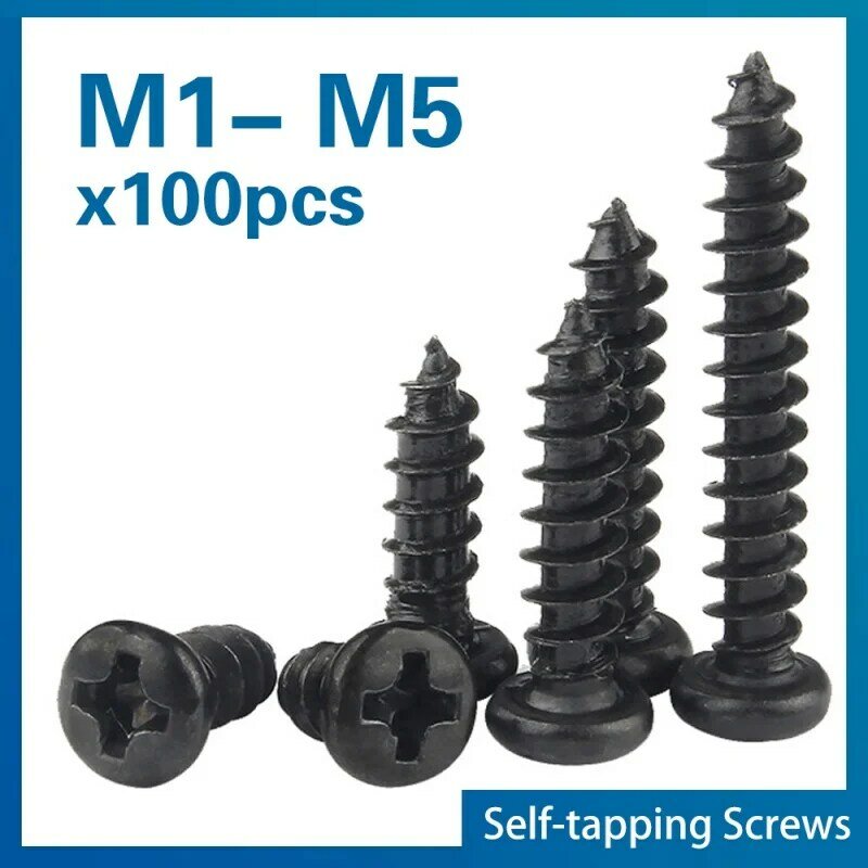 100 pcs/lot Cross Round Head Phillips Self-tapping Screw M1 M1.2 M1.4 M1.5 M1.7 M2 M2.3 M2.6 M3 M3.5 M4 M5 Black Carbon Steel