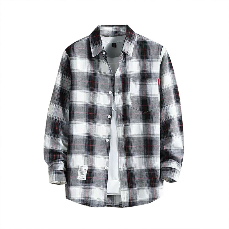Camisas de peito único estampadas xadrez masculinas, tops de manga comprida, design de bolso no peito, moda casual solta, nova, 2024
