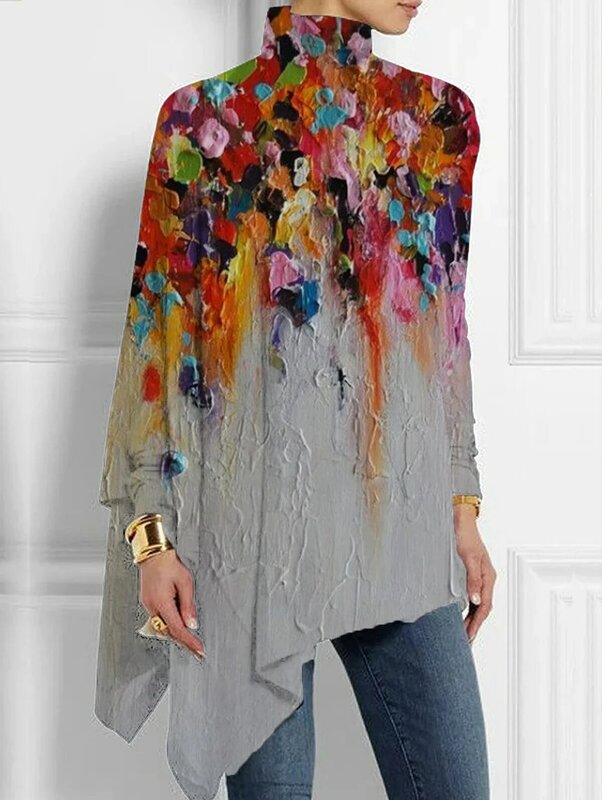 Damska bluzka Plus Size z nieregularnym brzegiem Jesień Zima Nowa moda Retro Koszulka z długim rękawem O-Neck Luźny asymetryczny top