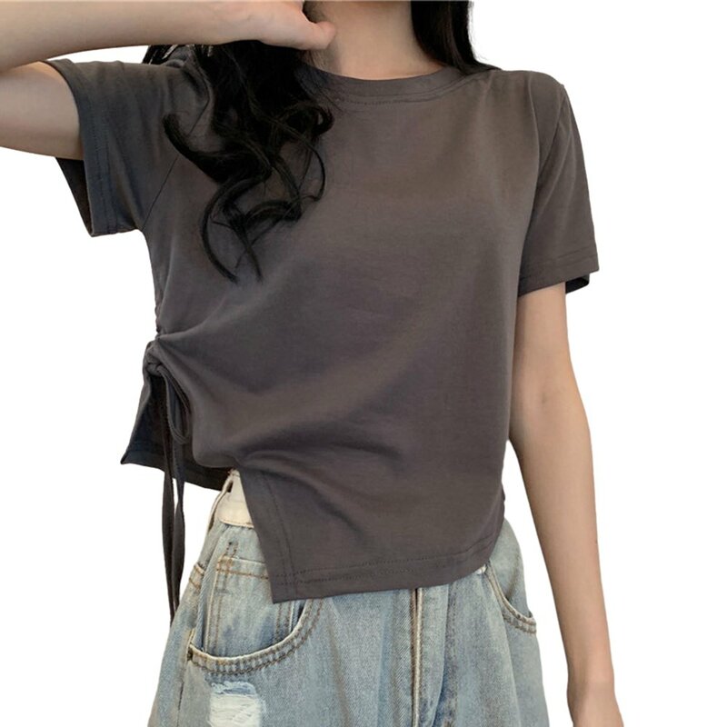 Celana pendek Crop Top lengan pendek wanita, Kaos Oblong manis musim panas modis nyaman