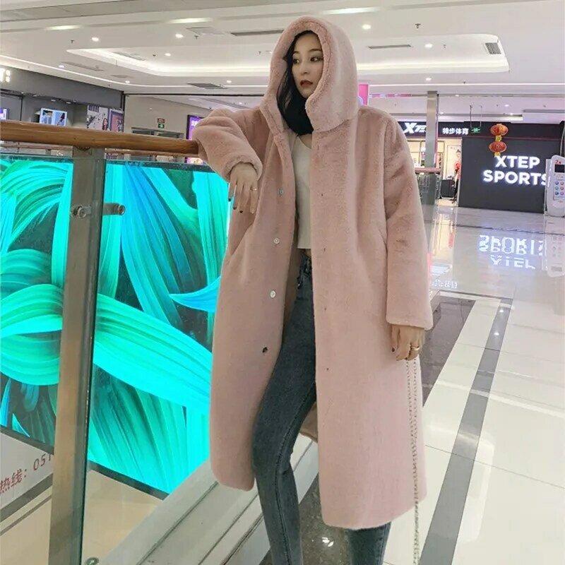 Mantel bertudung untuk wanita 2023 Luaran bulu Mink imitasi tebal hangat musim dingin mantel panjang wanita elegan Single Breasted berbulu
