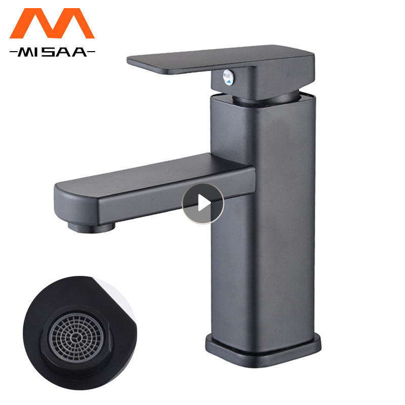304 Stainless Steel Black Square Single Cold Sink Faucet Bathroom Counter Basin Faucet Deck Mounte Basin Tap Single Hole Faucet