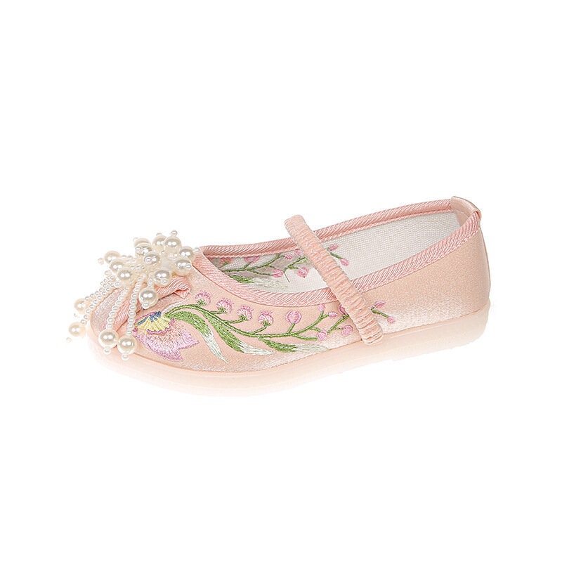 Scarpe da ballo con perline ricamate per ragazze scarpe da ballo tradizionali per bambini Princes Tang Hanfu ballerine per ragazze seta fatta a mano