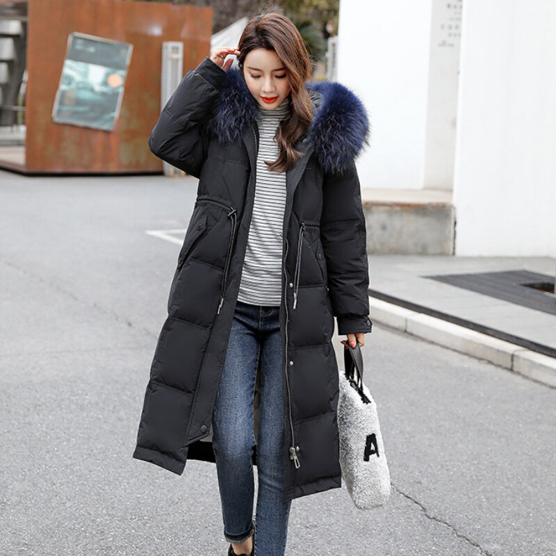 Зимняя женская теплая пуховая куртка, модная пуховая куртка средней длины на белом утином пуху до колен, новая Корейская куртка с большим меховым воротником