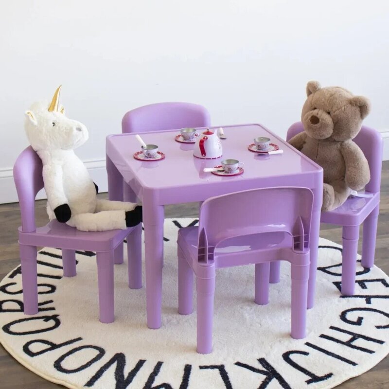 Humble Crew Quinn Set meja plastik ringan anak dan 4 kursi, persegi, ungu