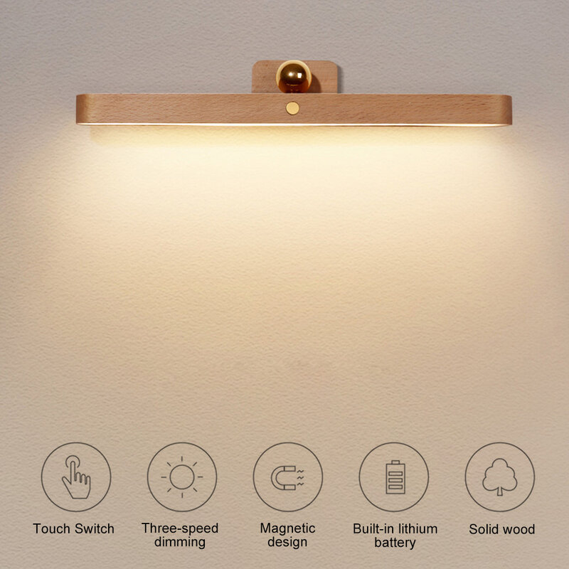 Lampu LED cermin kayu pengisian magnetik, lampu malam LED sentuh 360 ° dapat diputar untuk kamar tidur, lampu samping tempat tidur, lampu rumah