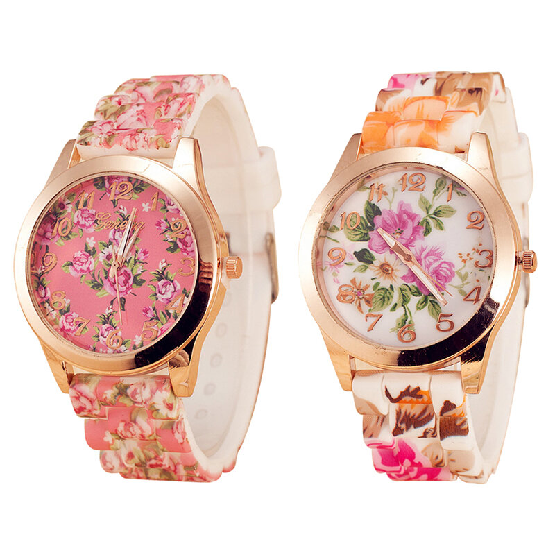 Montre-bracelet à motif de fleurs pour femmes, cadeau idéal, superbe design multicolore, montre-bracelet de luxe à la mode pour dames, élégante, 1 pièce, 3 pièces