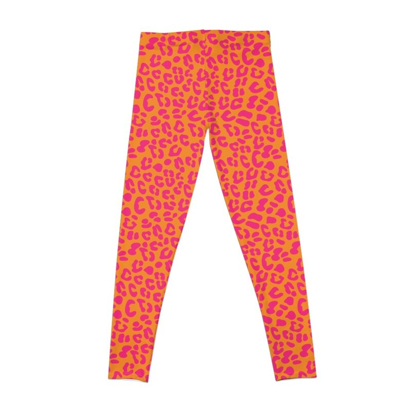 Leggings à imprimé léopard pour femmes, ensemble de fitness, vêtements d'exercice de gym, motif orange et rose vif, années 80