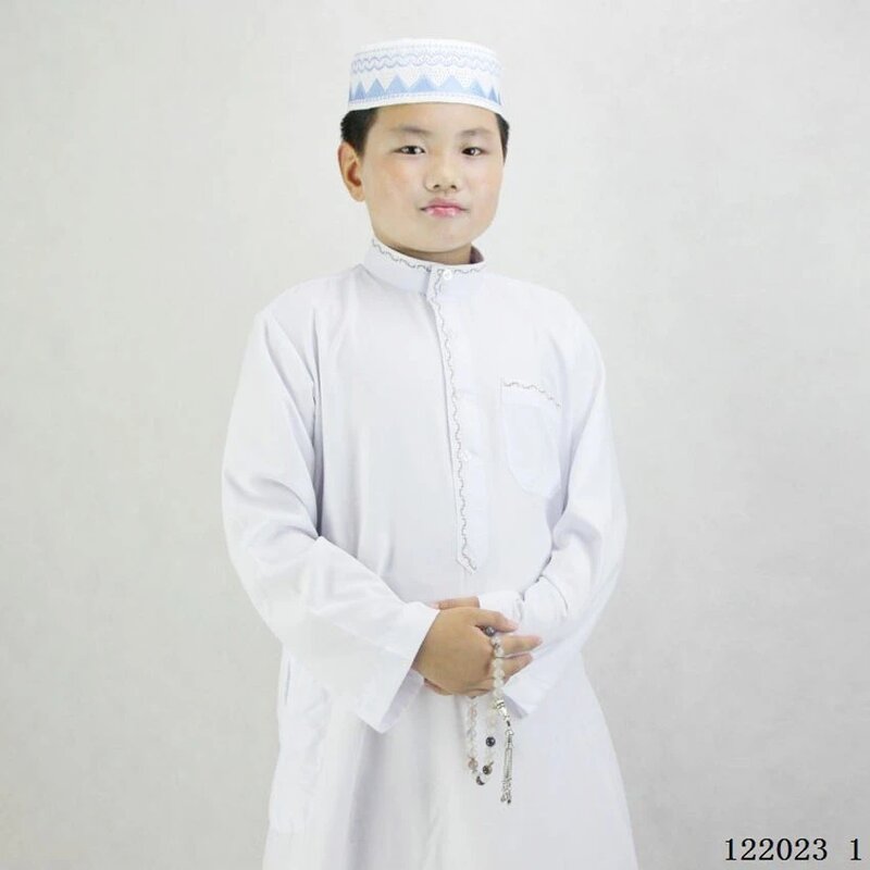 Bata musulmana de poliéster para niño, cómoda bata tradicional islámica de Juba Tobe, vestido bordado, vestido blanco de oración de Ramadán