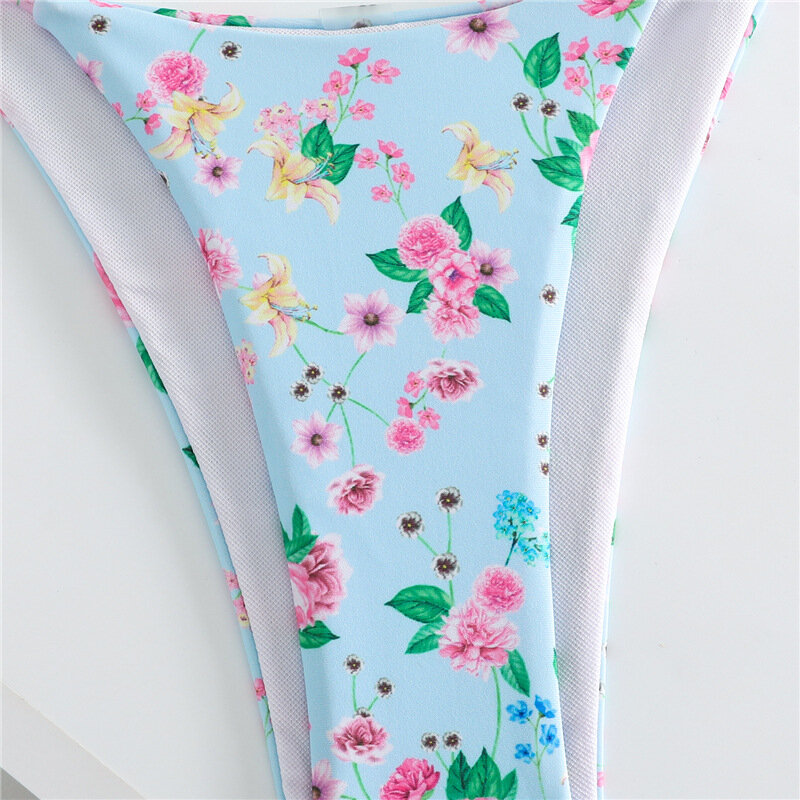 Maillot de bain brésilien à motif floral pour femmes, ensemble deux pièces sexy, col licou, micro, culotte tanga, vêtements de plage, 2024