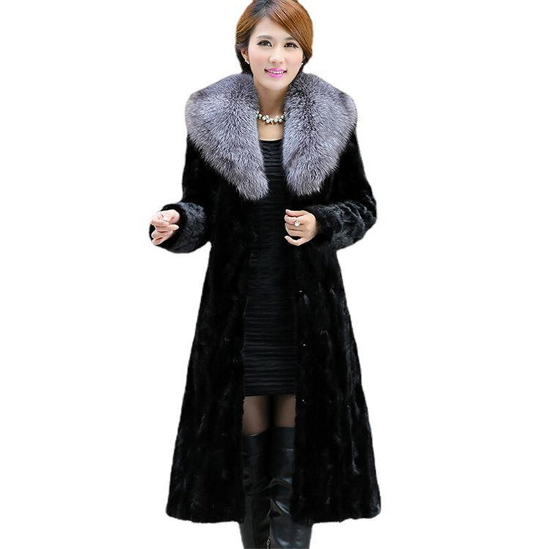 Женское пальто из искусственного меха норки, осенне-зимняя длинная теплая Женская модная верхняя одежда с воротником из искусственной лисы, женские парки из меха