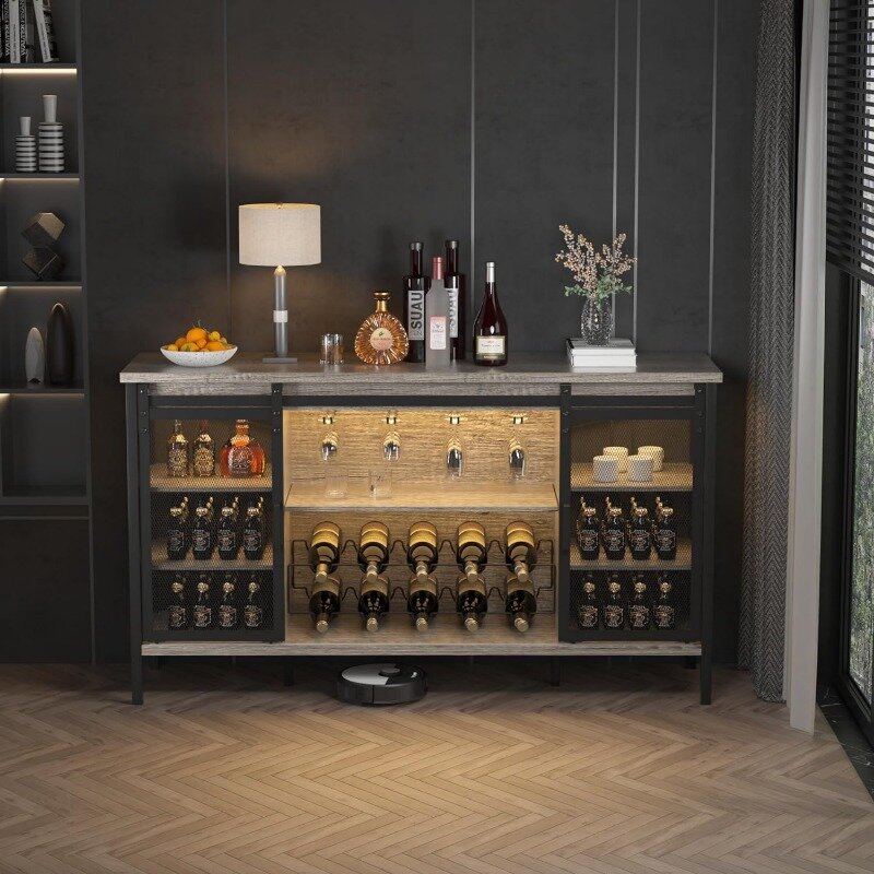 55" Sliding Barn Door Wine Bar Cabinet/Industrial Metal Bar Cabinet for Liquor/Farmhouse Bar Cabinet with Wine