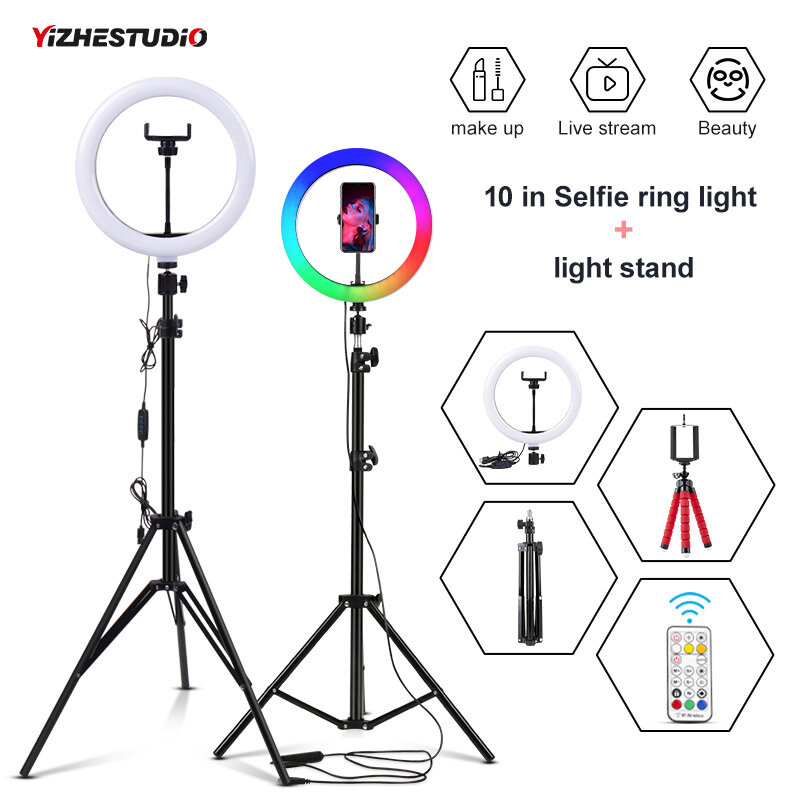 10inch Selfie Ring Light with Stand with 3 colour temperatures LED Ring Lamp with Phone Holder USB Plug for Live Video Streaming