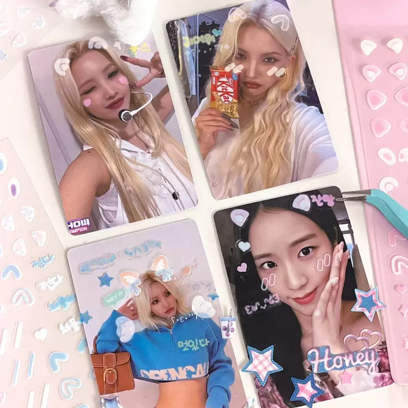 1 Pc Cute Cartoon Rabbit Ear Powder Blusher PET Korean Toploader Sticker Kawaii Kpop Idol Photo Card Deco Stickers DIY Album