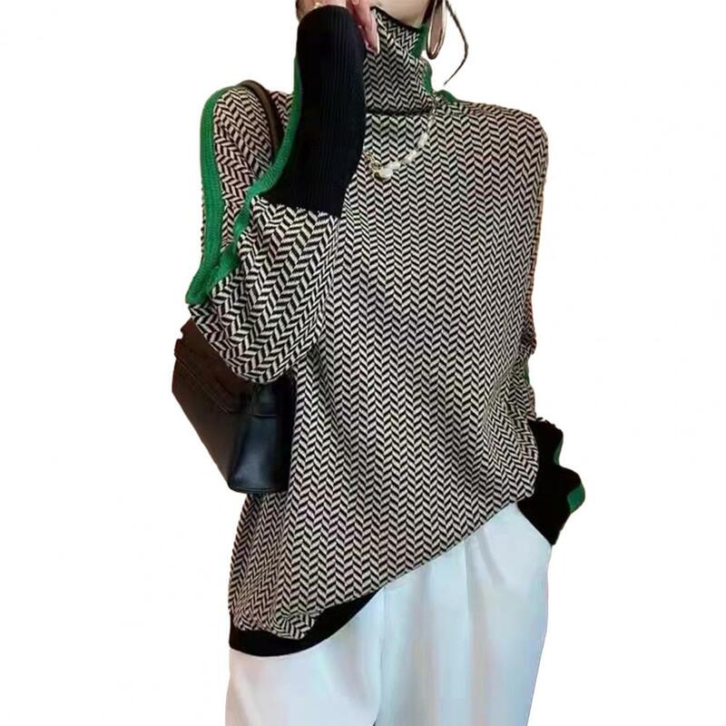 Camisola de malha de cor contrastante feminina, gola alta, manga comprida, pulôver aconchegante, tops elegantes, cor contrastante