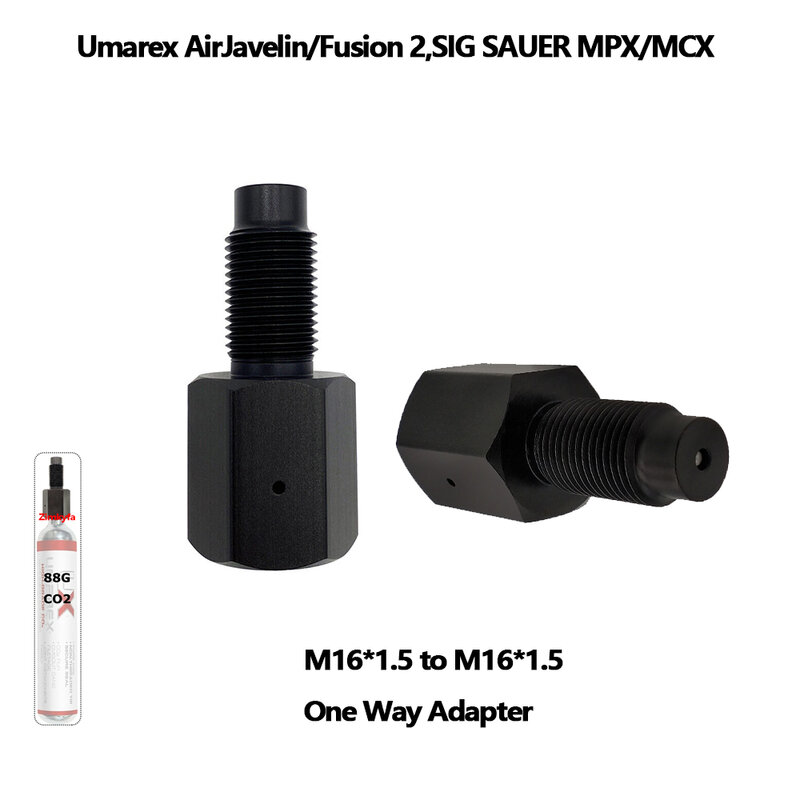 One Way Adapter Saver, CO2, Fits 88Gram, 90G, M16 x 1.5, Entrada para Saída, Preto
