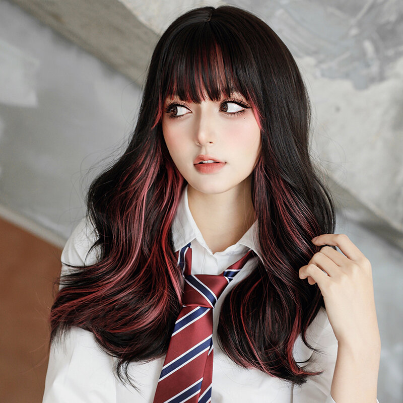 Wig Lolita 7JHH Wig sintetis longgar bergelombang hitam Wig merah muda untuk penggunaan sehari-hari Wig hitam keriting dengan poni