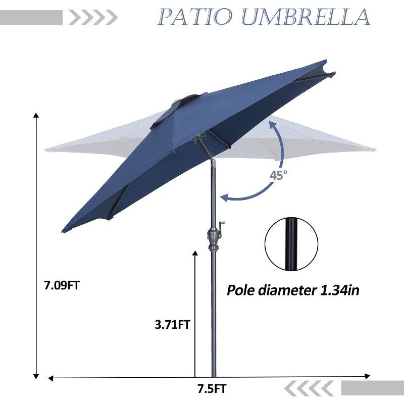 Parapluie de Table d'Extérieur avec Bouton-Poussoir Inclinable et Manivelle pour Jardin, Pelouse et Pont, 7,5 Pieds