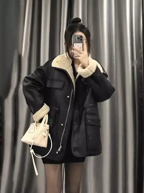 Jaqueta de camurça de cordeiro vintage feminina, tendência coreana, alta qualidade, novo, outono, inverno, 2023