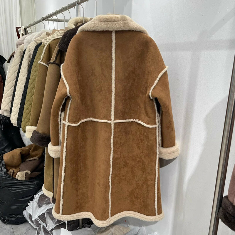 Zamszowa kurtka kobiet ciepła zimowa pogrubiona z owczej wełny, długi płaszcz dwurzędowy, kieszonkowy, moda, codzienna skórzana kurtka damska
