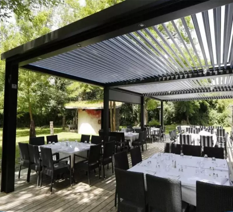 Parasol bioclimático para jardín al aire libre, pérgola con ventilador de techo, impermeable
