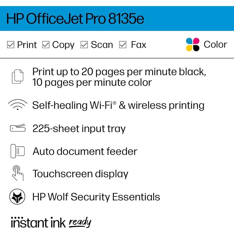 Officejet Pro 8135e Alles-In-Één Printer, Kleur, Printer Voor Thuis, Afdrukken, Kopiëren, Scannen, Faxen, Instant Inkt In Aanmerking Komen