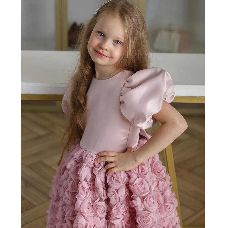 ノースリーブのふくらんでいるドレス,小さな女の子のための3D花,フレンチガウン,ピンク,膝丈,新しい,夏,2024